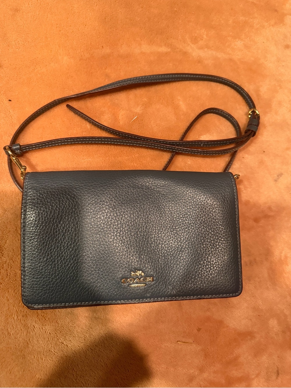 Coach Navy Pebbled Leather Crossbody with Gold Hardware